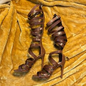 Brown leather gladiator high heel sandals